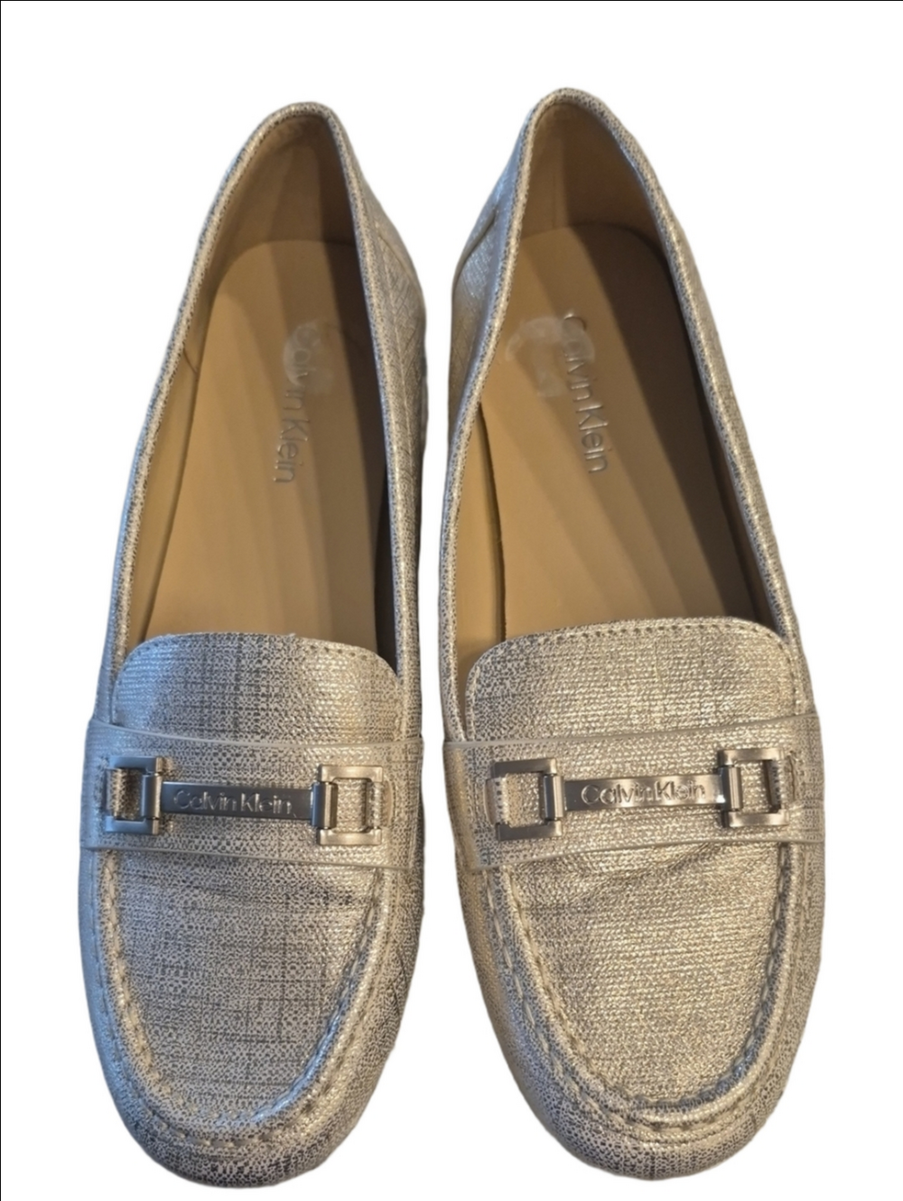 Calvin Klein Clolina Silver Metallic Loafers with Logo Bit